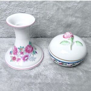 Elizabeth Arden Porcelain Candlestick Holder Trinket Box Set Floral Rose Boho